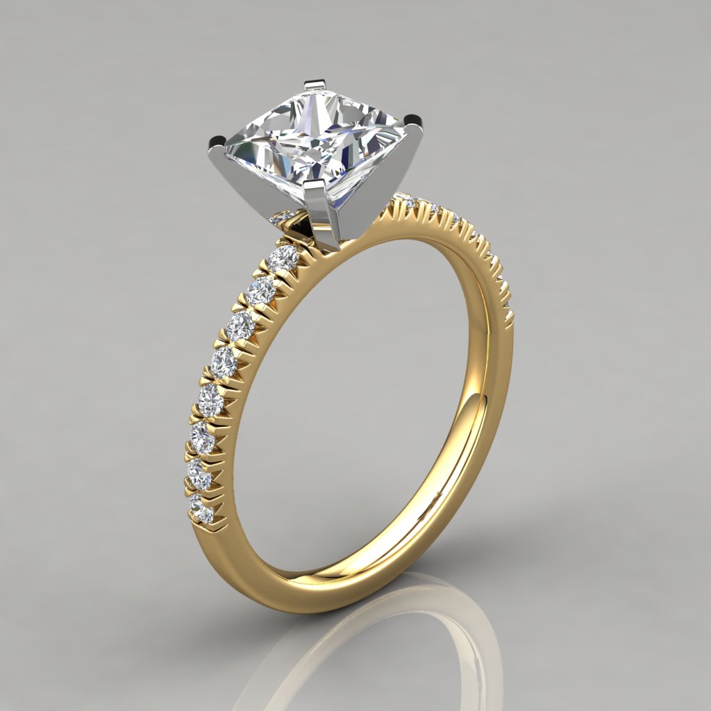 Princess Cut French Pave Engagement  Ring  14k Gold  