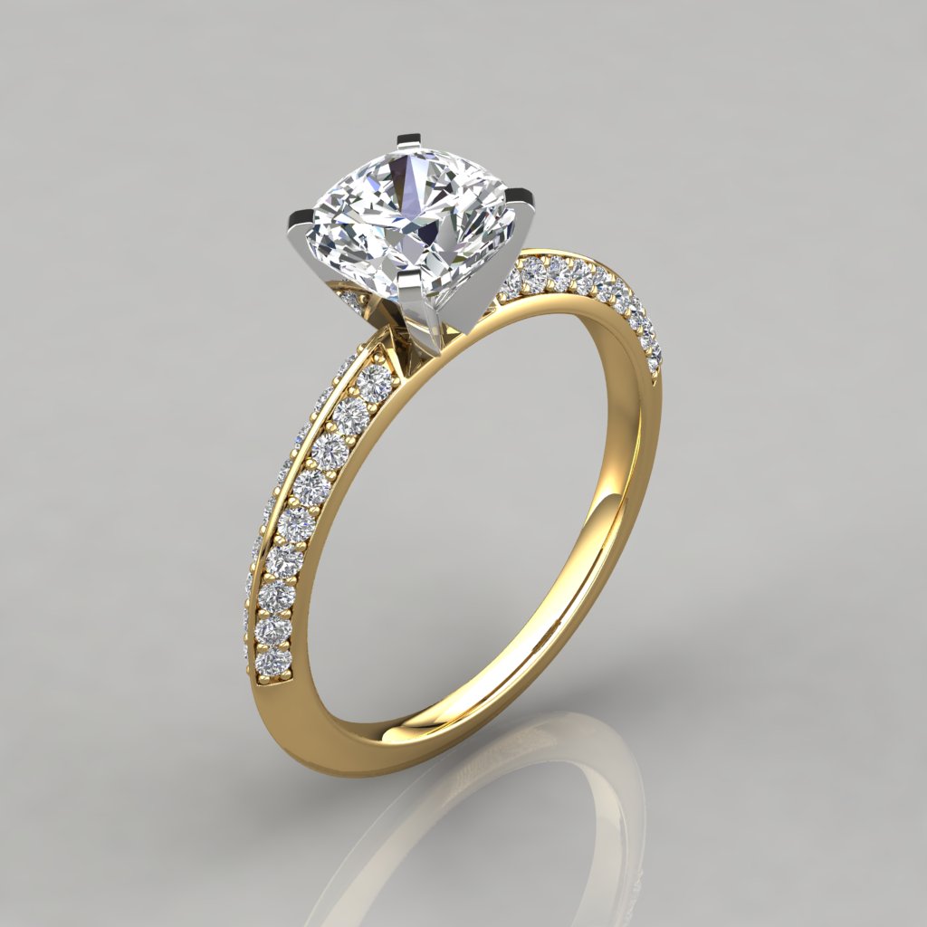 Knife Edge Pave Cushion Cut Engagement  Ring  PureGemsJewels