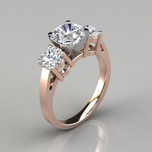 Three Stone Cushion Cut Designer Engagement Ring - PureGemsJewels