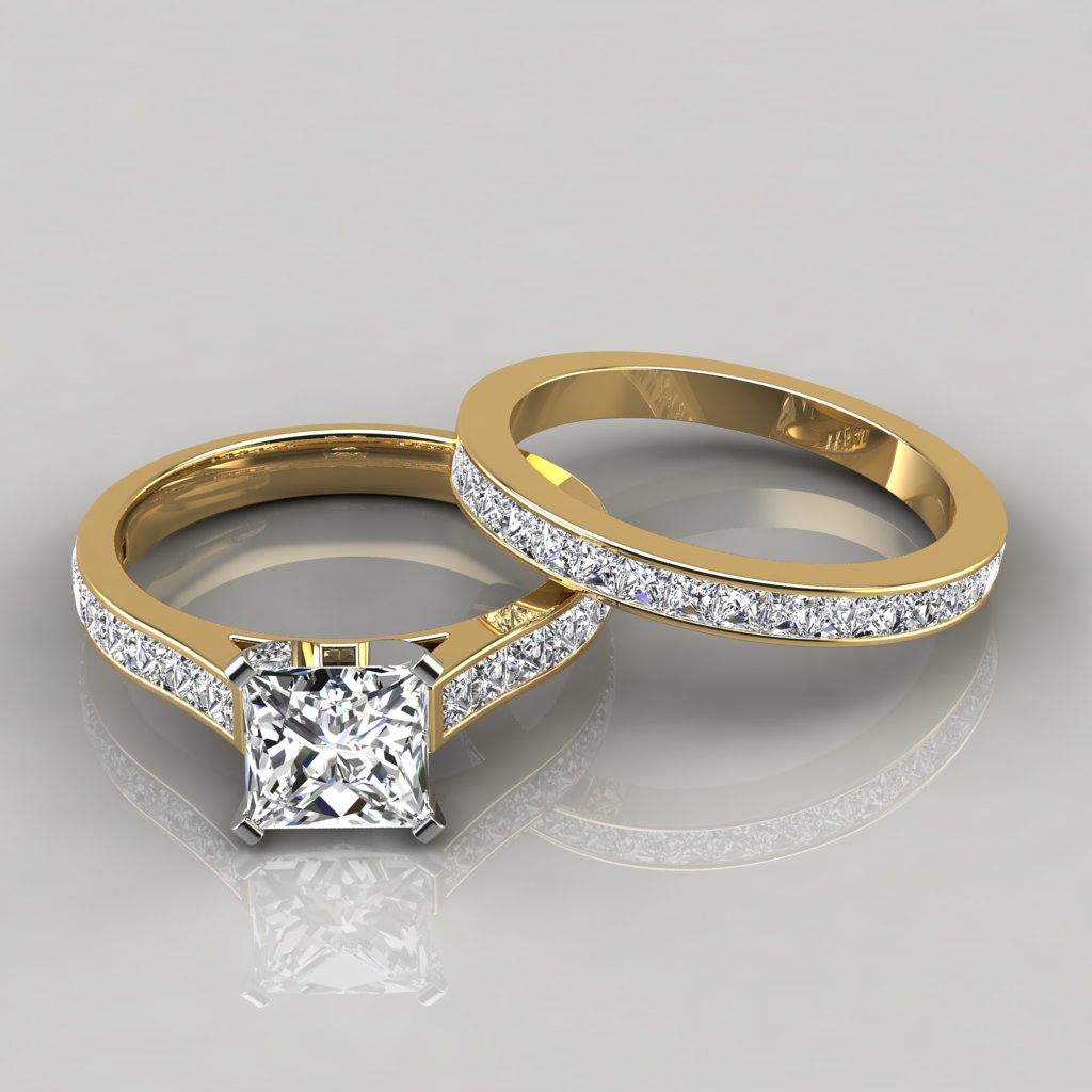 Princess Cathedral Engagement  Ring  and Wedding  Band  Set