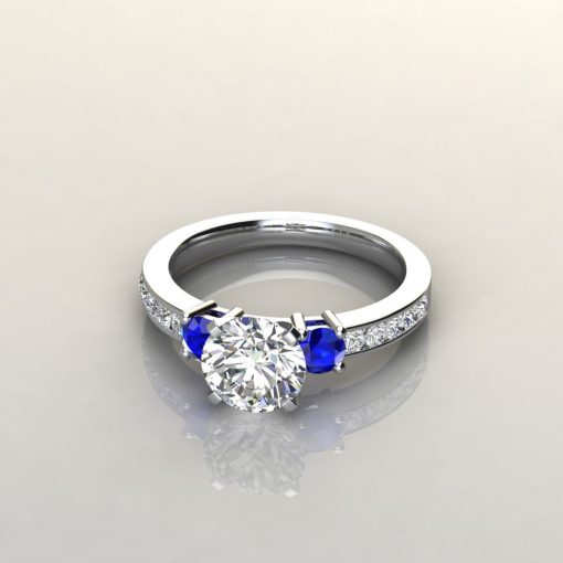 Three Stone Blue Sapphire Round Cut Engagement Ring